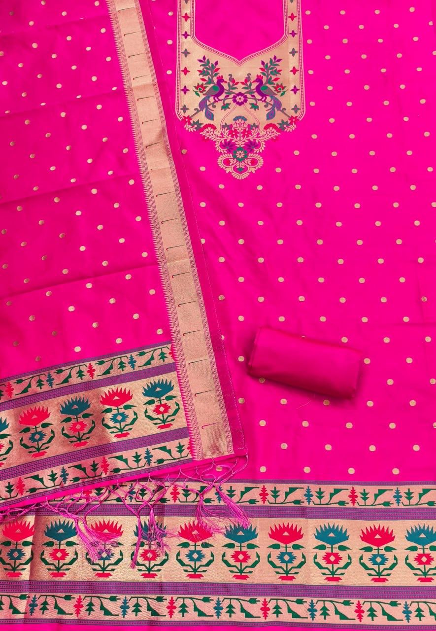 Pink Pure Zari Banarasi Silk Kurti Pant Dupatta Set 