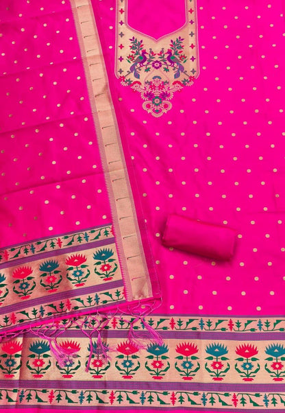 Pink Pure Zari Banarasi Silk Kurti Pant Dupatta Set 