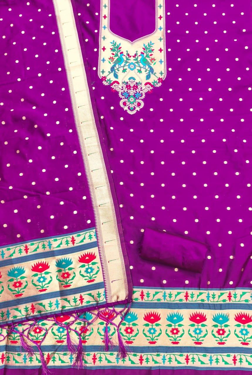 Purple Pure Zari Banarasi Silk Kurti Pant Dupatta Set 