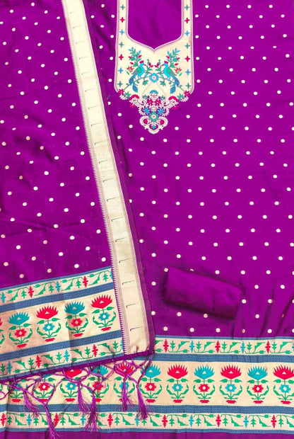 Purple Pure Zari Banarasi Silk Kurti Pant Dupatta Set 