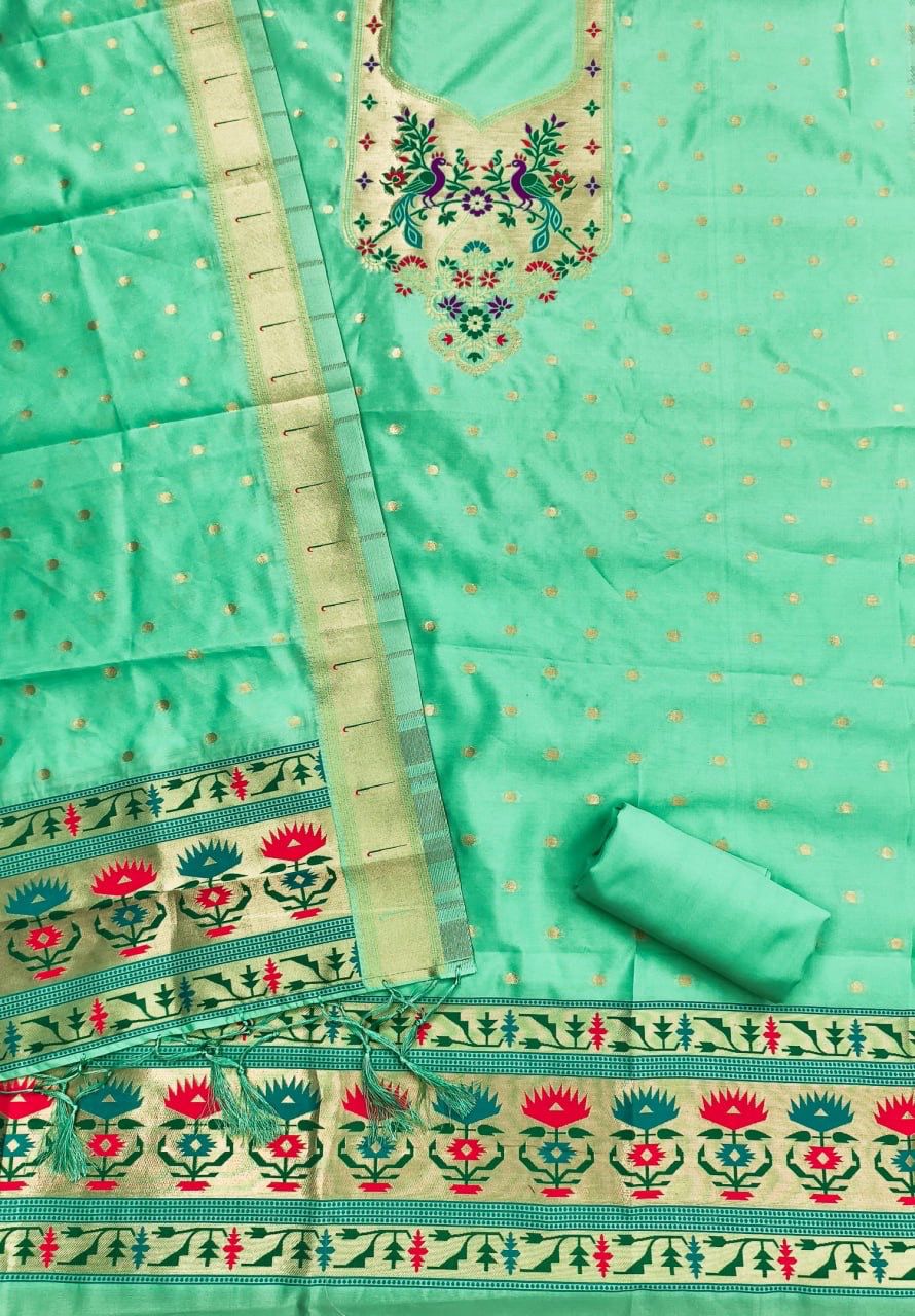 Sea Green Pure Zari Banarasi Silk Kurti Pant Dupatta Set 