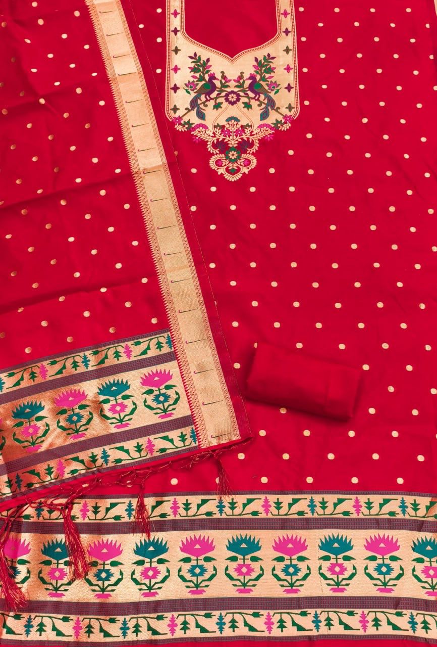 Red Pure Zari Banarasi Silk Kurti Pant Dupatta Set 