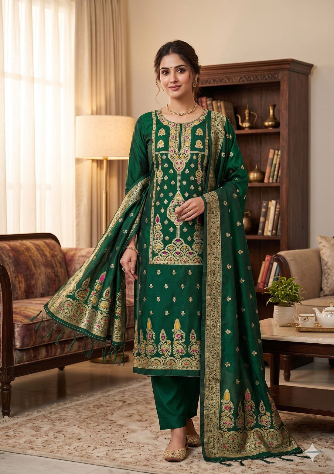 Green Pure Zari Banarasi Silk Kurti Pant Dupatta Set 