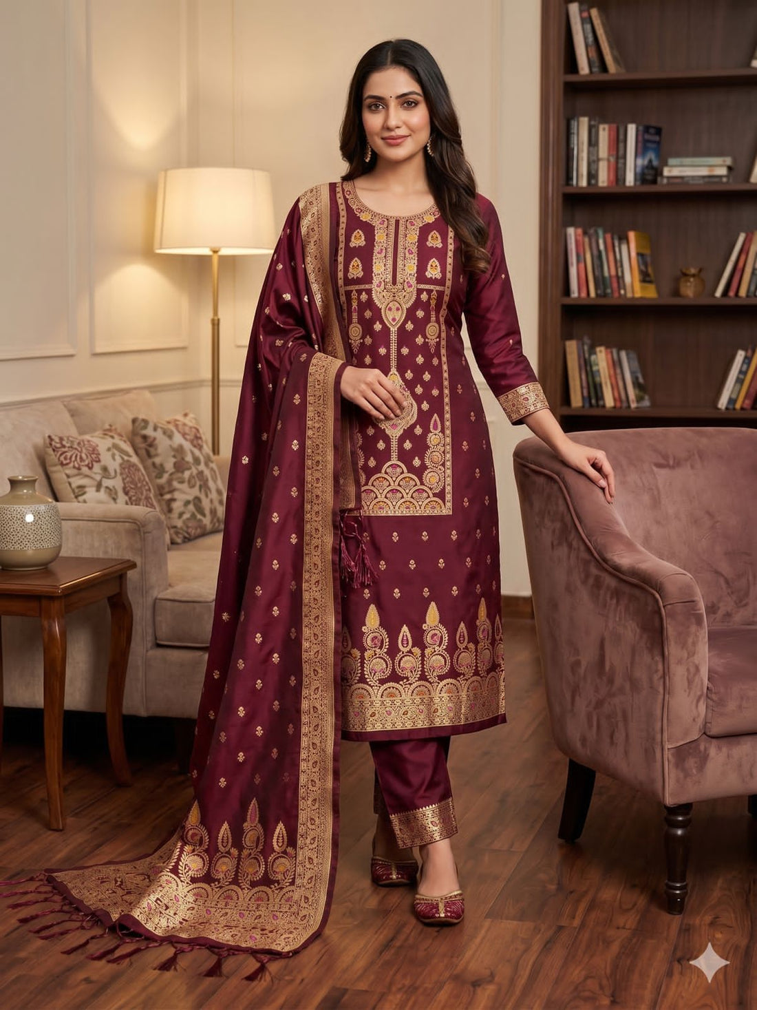 Maroon Pure Zari Banarasi Silk Kurti Pant Dupatta Set 