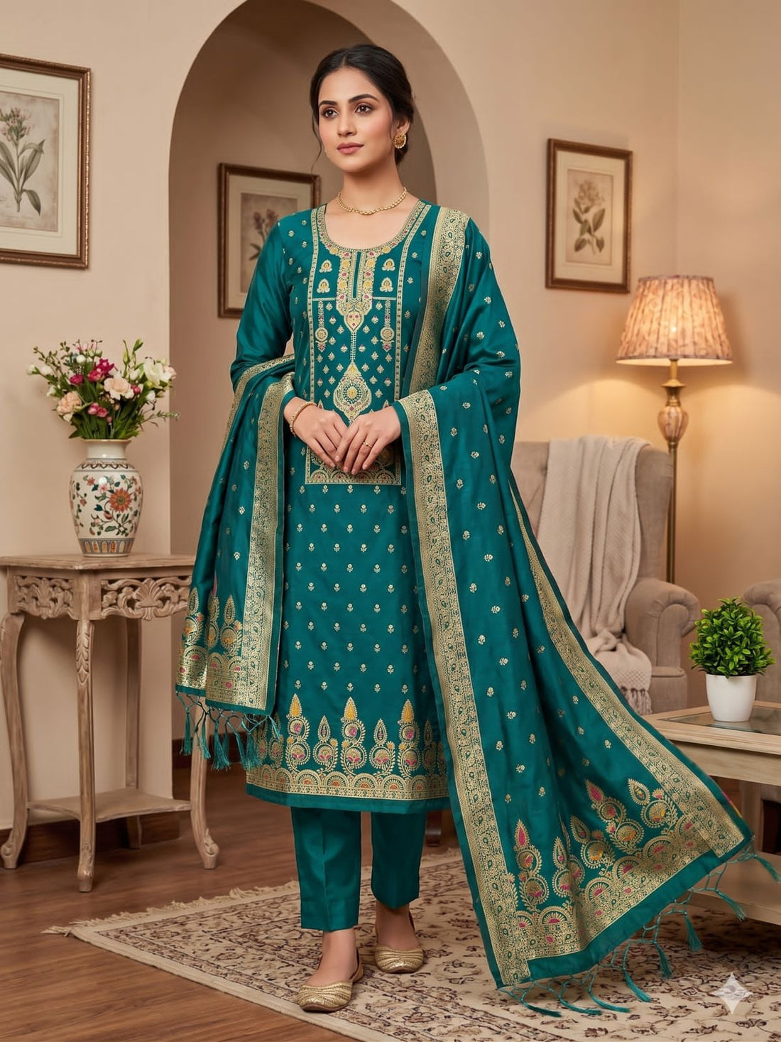 Rama Pure Zari Banarasi Silk Kurti Pant Dupatta Set 