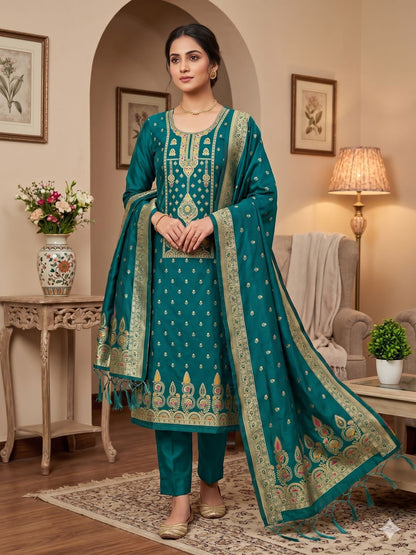 Rama Pure Zari Banarasi Silk Kurti Pant Dupatta Set 