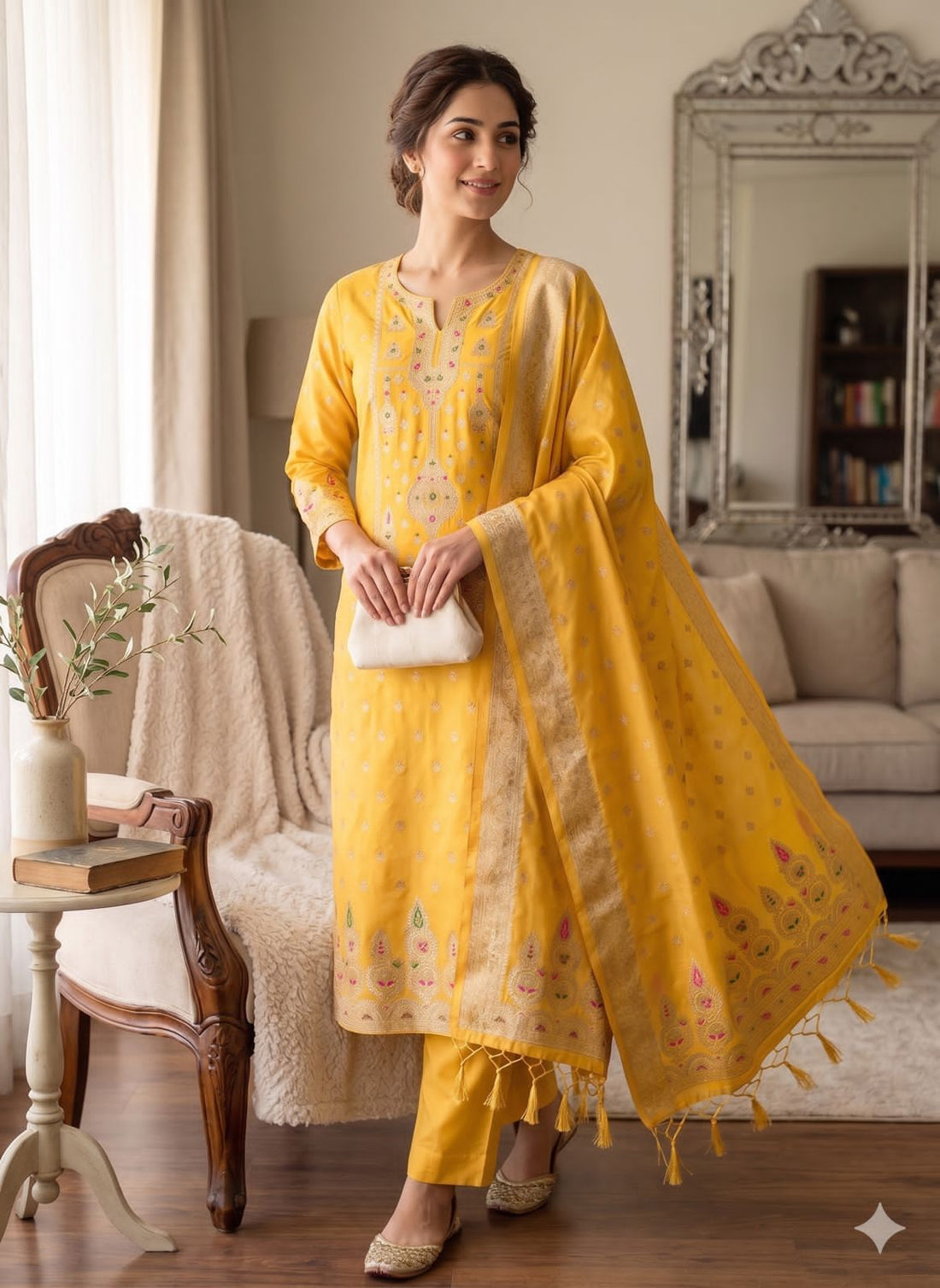 Yellow Pure Zari Banarasi Silk Kurti Pant Dupatta Set 