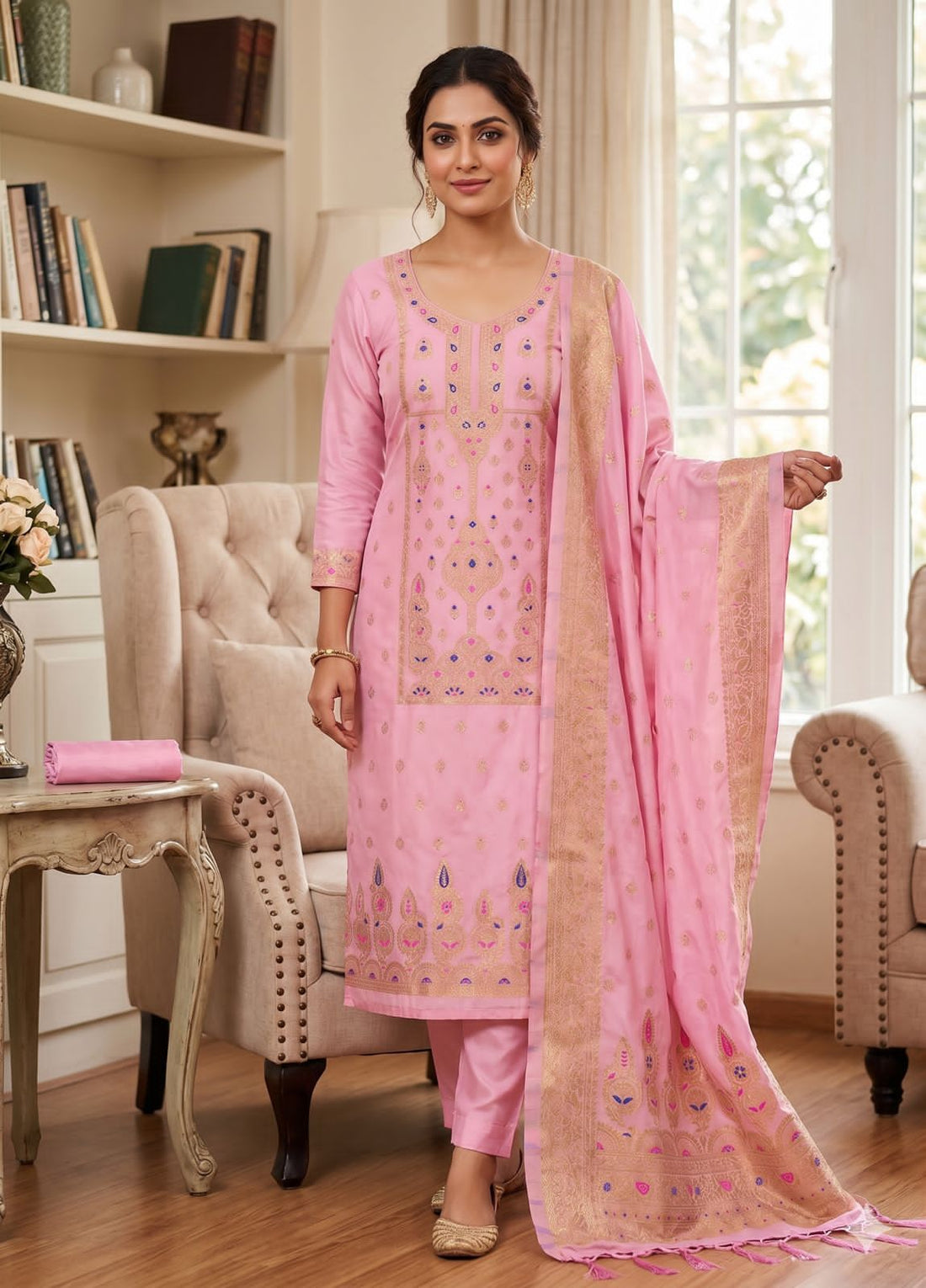 Pink Pure Zari Banarasi Silk Kurti Pant Dupatta Set 