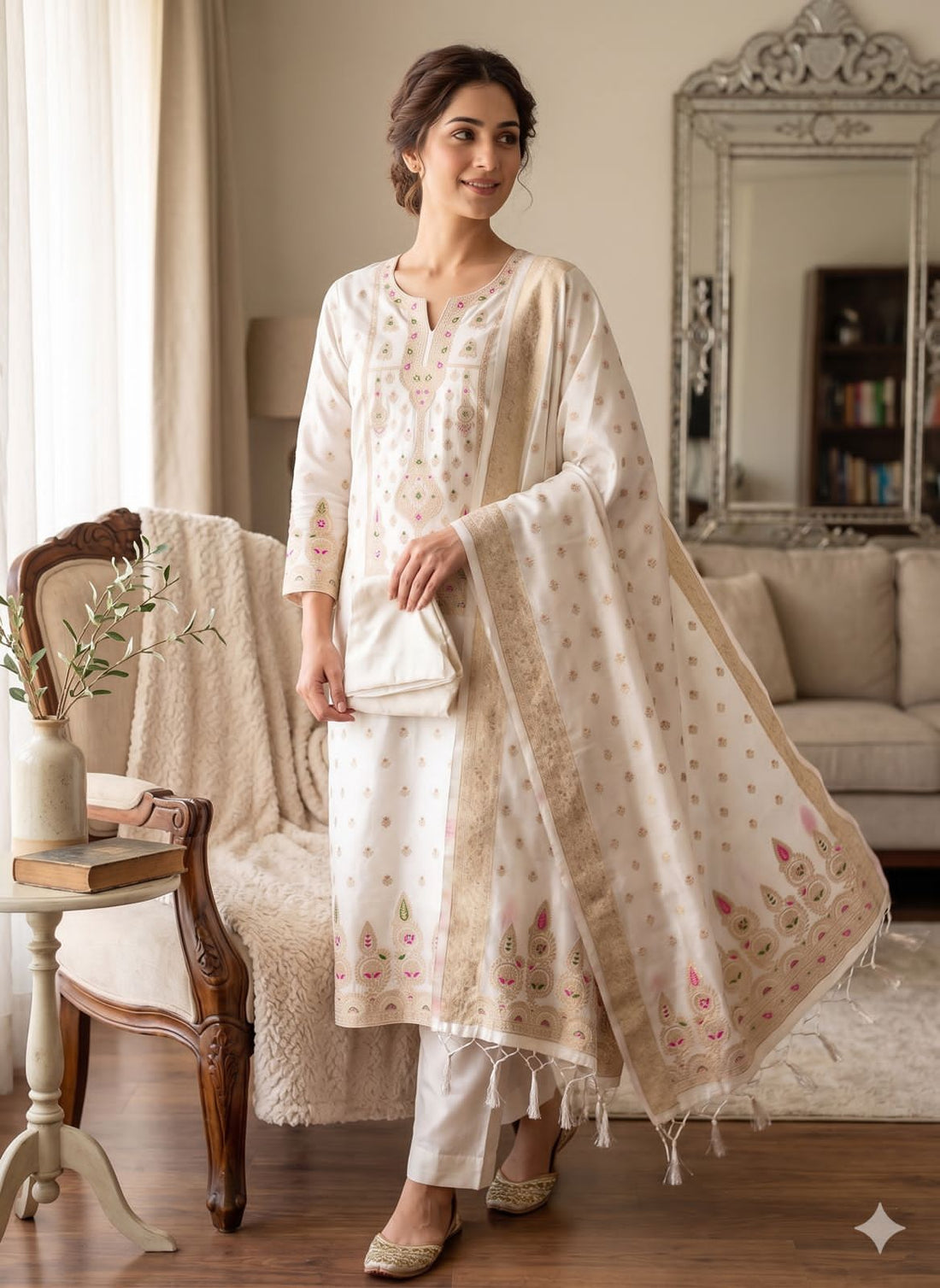 White Pure Zari Banarasi Silk Kurti Pant Dupatta Set 