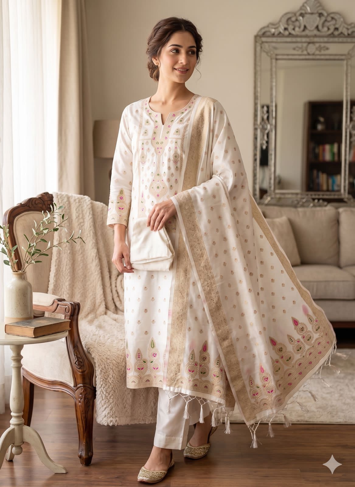 White Pure Zari Banarasi Silk Kurti Pant Dupatta Set 