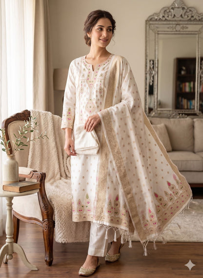 White Pure Zari Banarasi Silk Kurti Pant Dupatta Set 