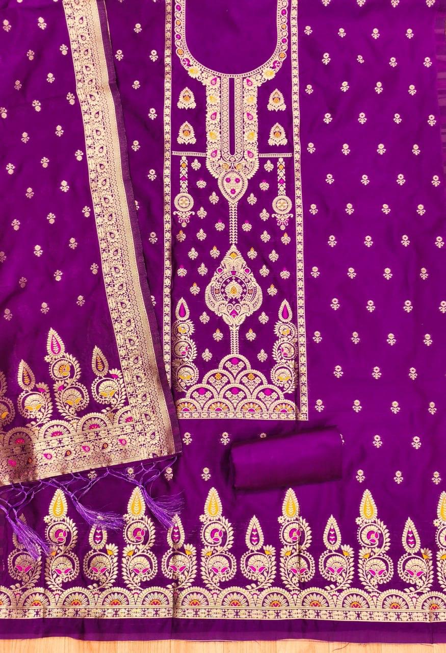 Purple Pure Zari Banarasi Silk Kurti Pant Dupatta Set 