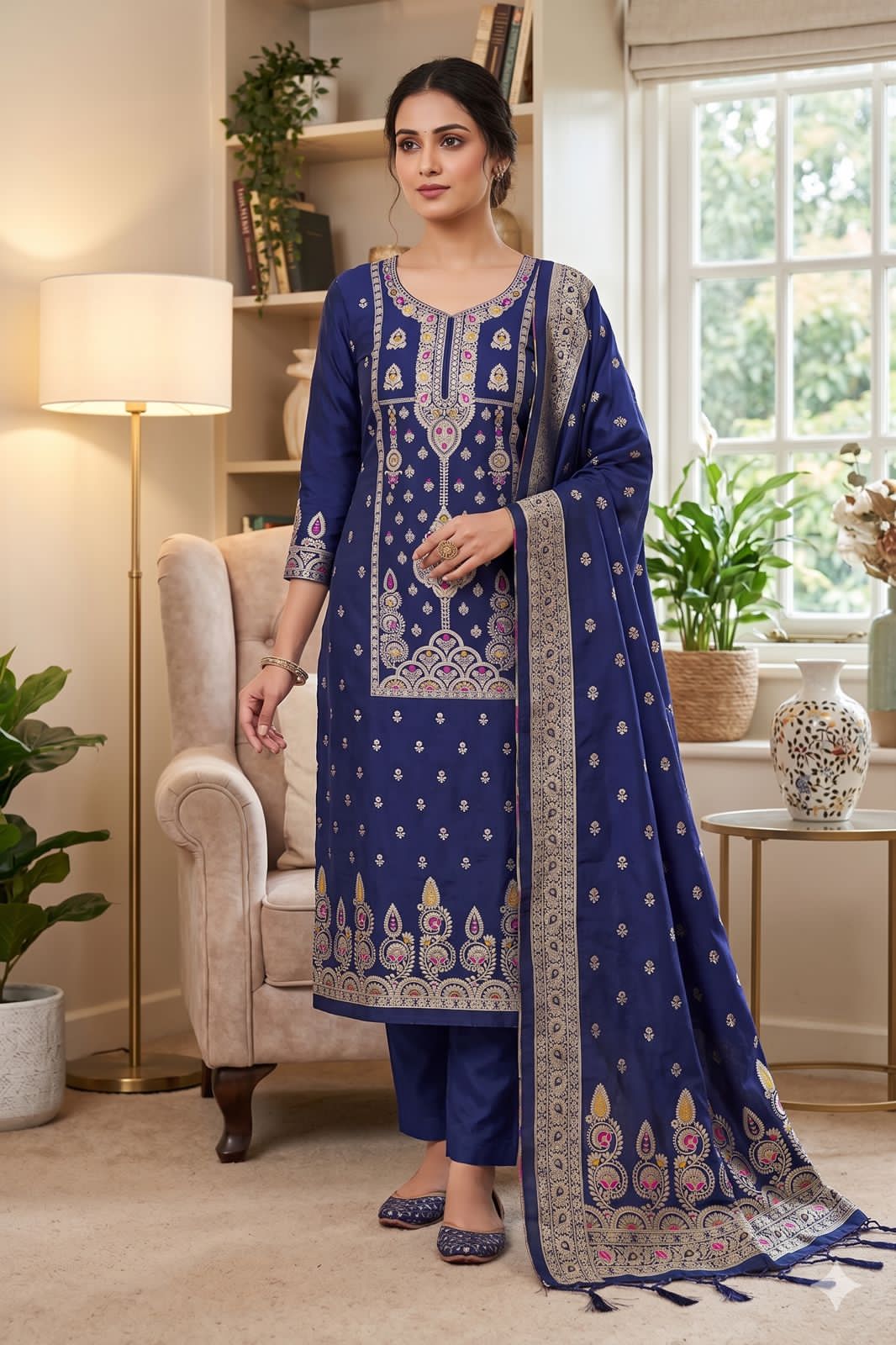 Blue Pure Zari Banarasi Silk Kurti Pant Dupatta Set 