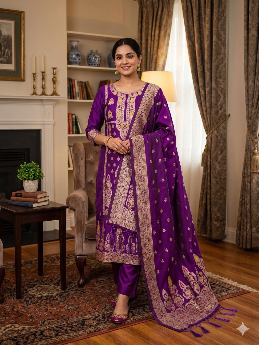 Purple Pure Zari Banarasi Silk Kurti Pant Dupatta Set 