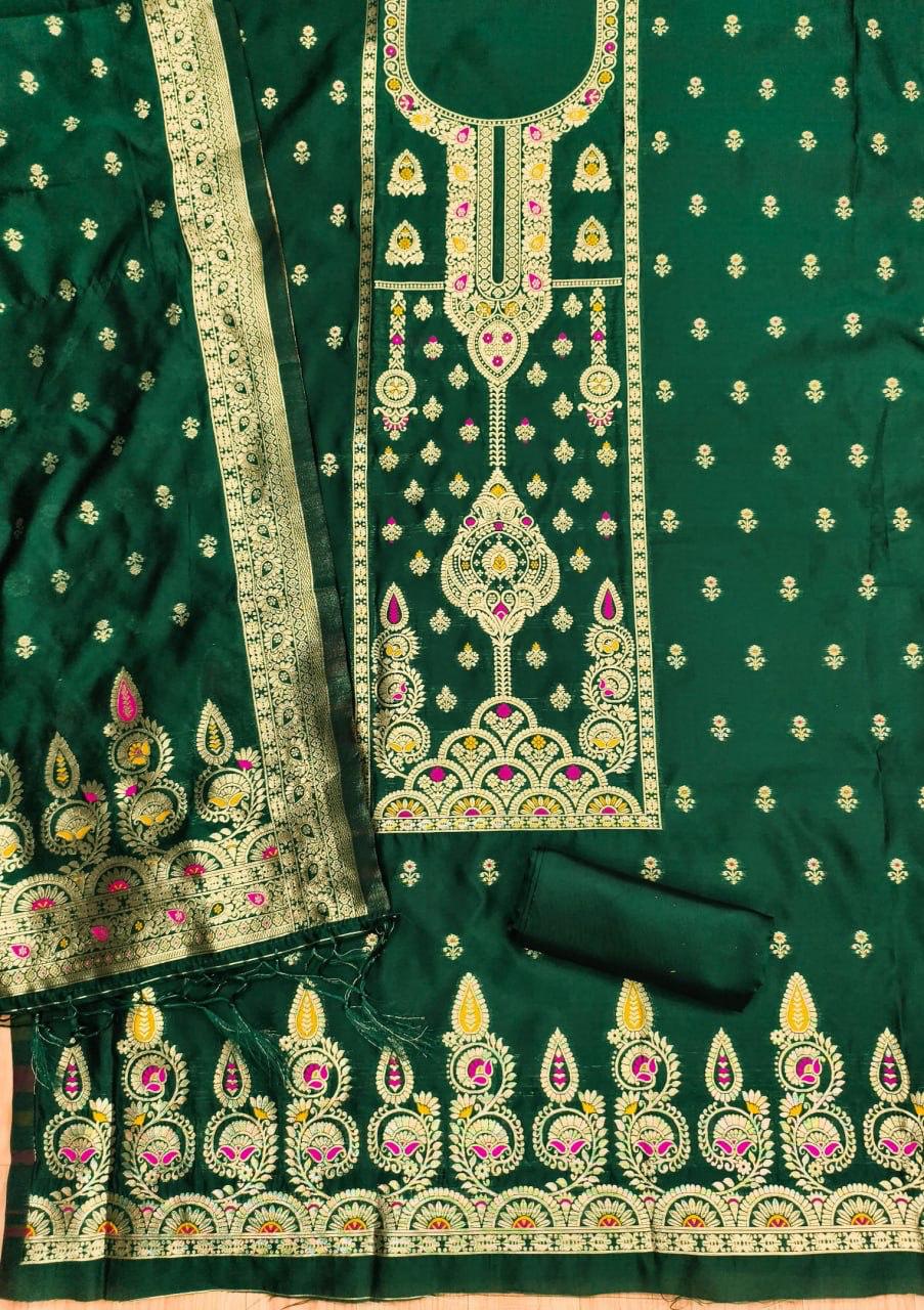 Green Pure Zari Banarasi Silk Kurti Pant Dupatta Set 