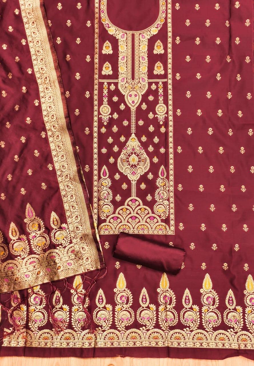 Maroon Pure Zari Banarasi Silk Kurti Pant Dupatta Set 