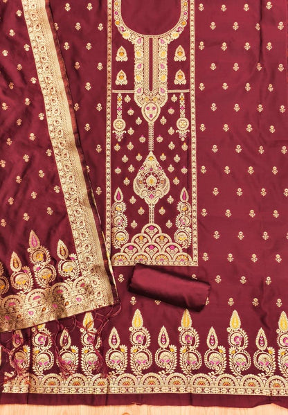 Maroon Pure Zari Banarasi Silk Kurti Pant Dupatta Set 