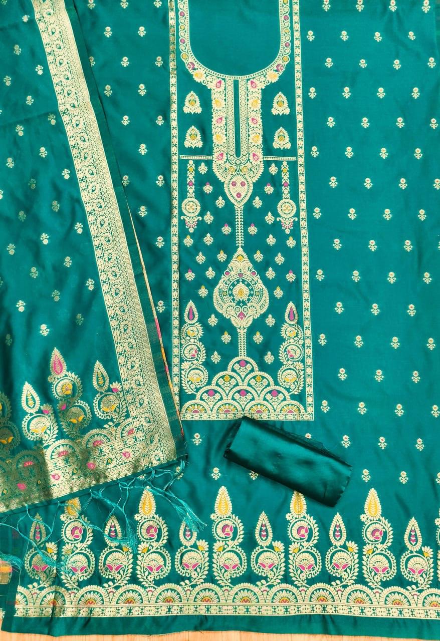 Rama Pure Zari Banarasi Silk Kurti Pant Dupatta Set 