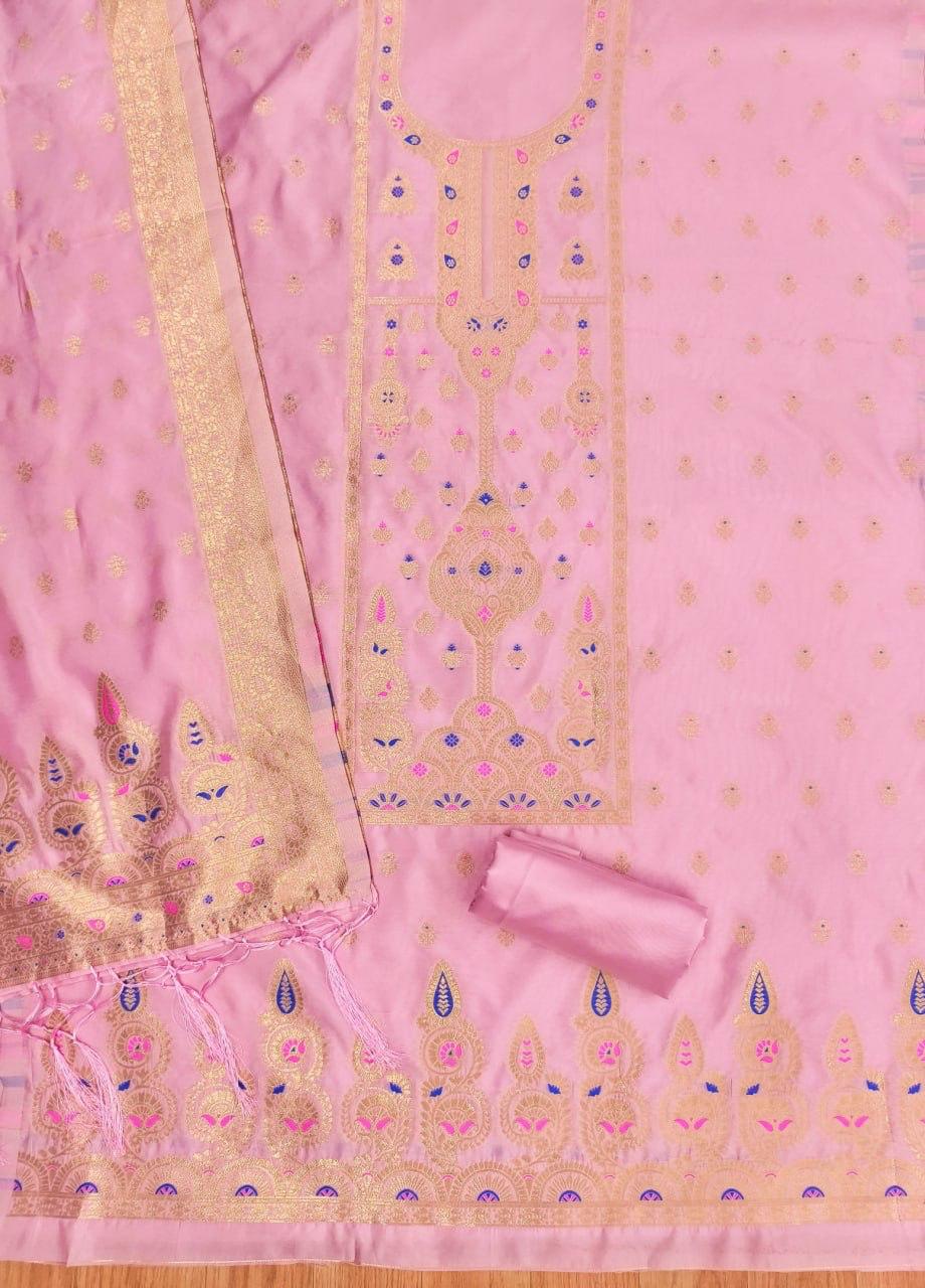 Pink Pure Zari Banarasi Silk Kurti Pant Dupatta Set 
