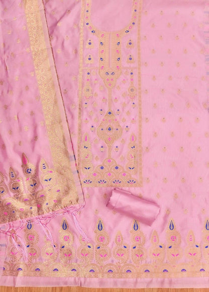Pink Pure Zari Banarasi Silk Kurti Pant Dupatta Set 