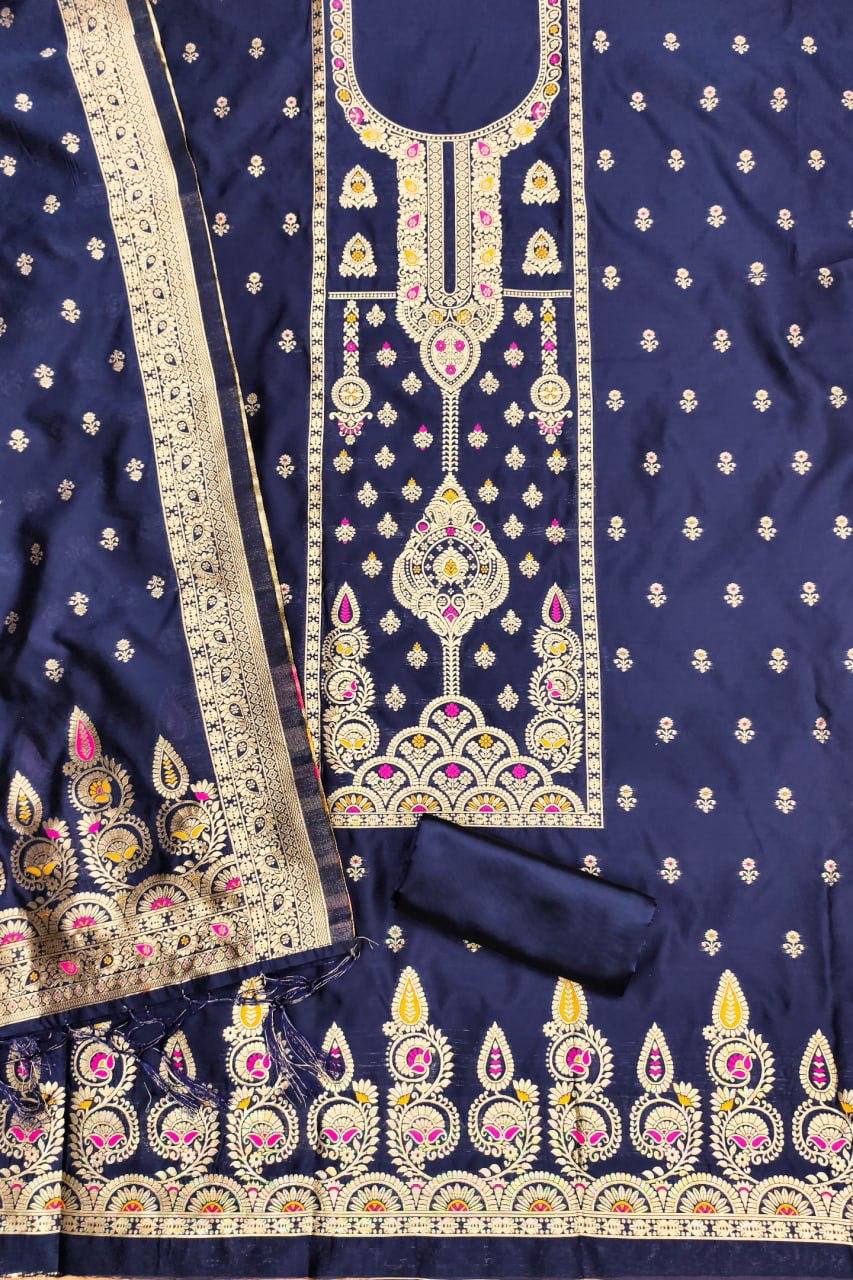 Blue Pure Zari Banarasi Silk Kurti Pant Dupatta Set 