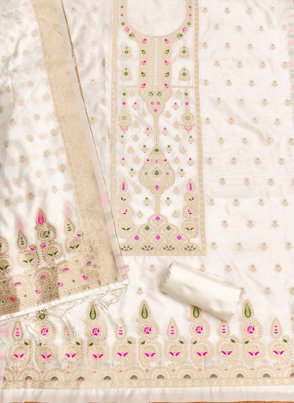 White Pure Zari Banarasi Silk Kurti Pant Dupatta Set 
