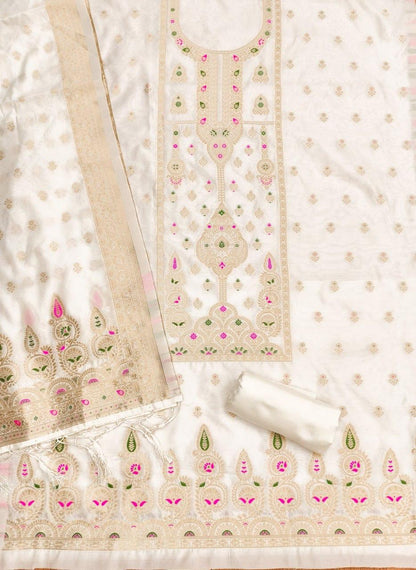 White Pure Zari Banarasi Silk Kurti Pant Dupatta Set 
