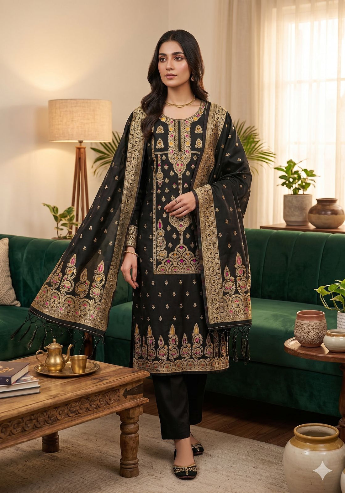 Black Pure Zari Banarasi Silk Kurti Pant Dupatta Set 