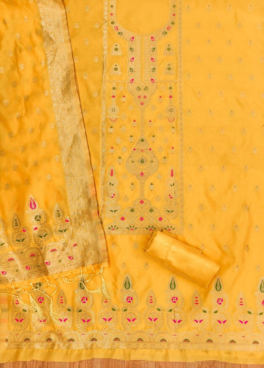 Yellow Pure Zari Banarasi Silk Kurti Pant Dupatta Set 