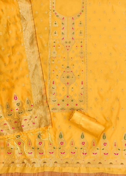 Yellow Pure Zari Banarasi Silk Kurti Pant Dupatta Set 