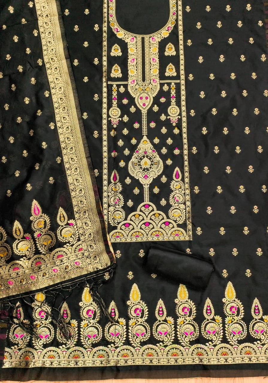 Black Pure Zari Banarasi Silk Kurti Pant Dupatta Set 