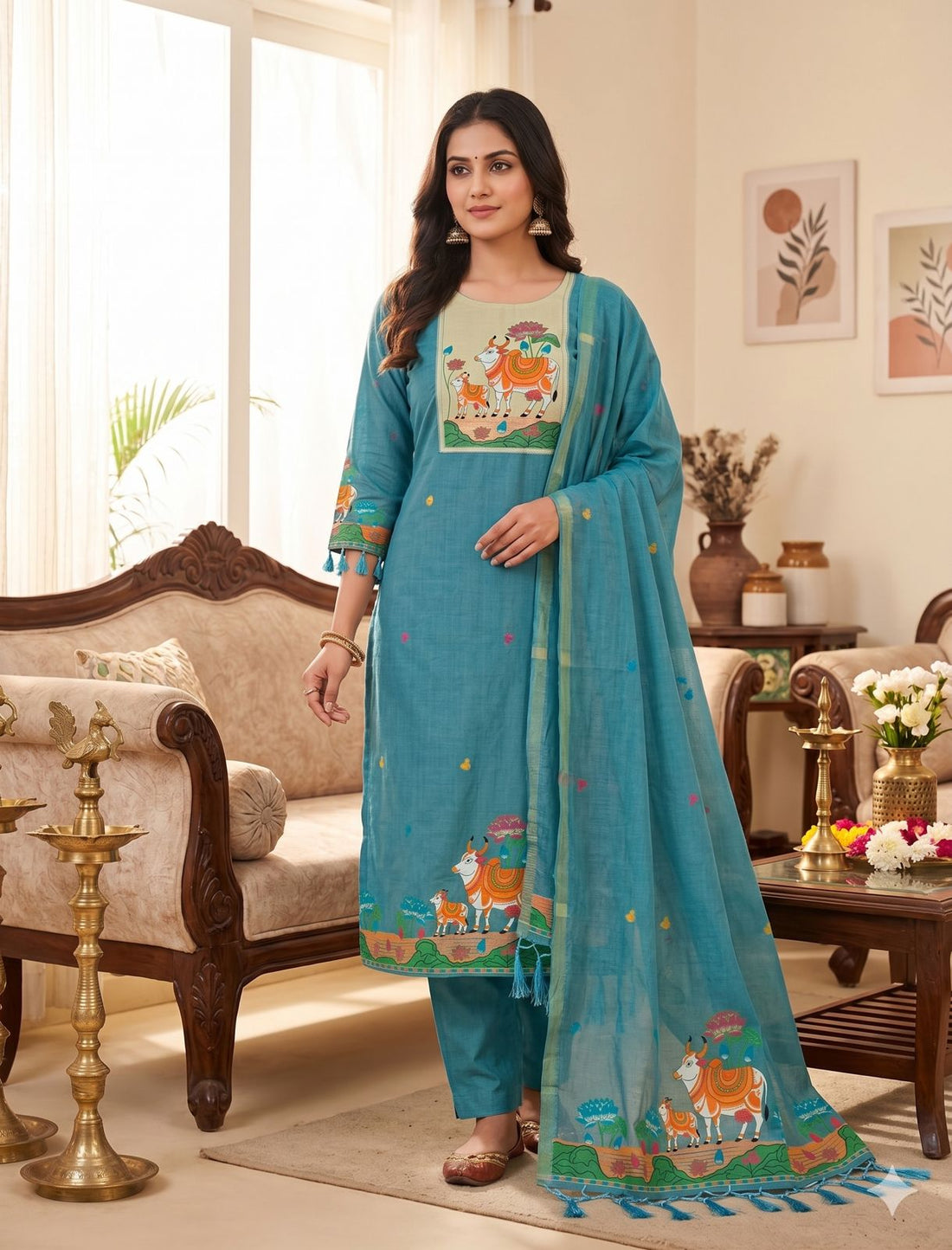 Sky Pure Muga Cotton Jamdani Pichwai Weaving Salwar Suit 