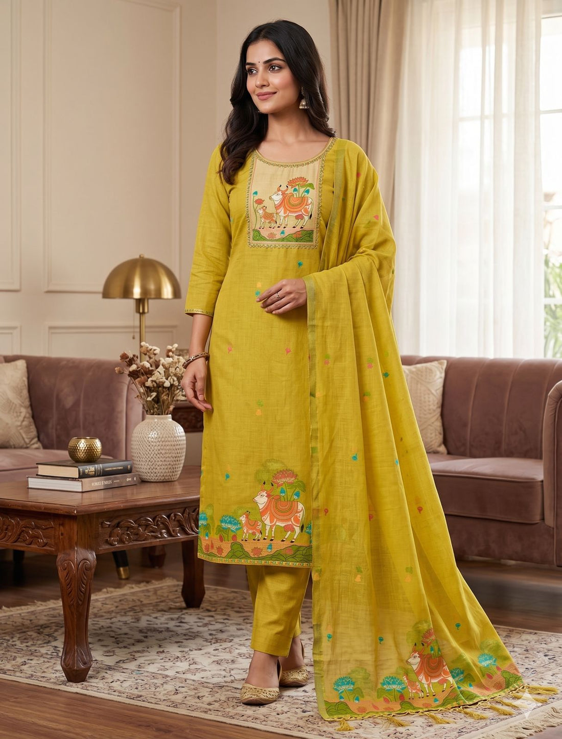 Yellow Pure Muga Cotton Jamdani Pichwai Weaving Salwar Suit 
