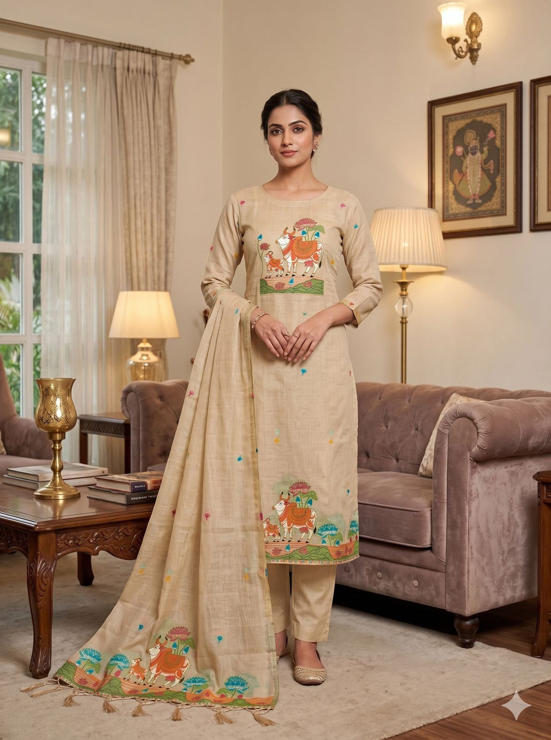 Chiku Pure Muga Cotton Jamdani Pichwai Weaving Salwar Suit 