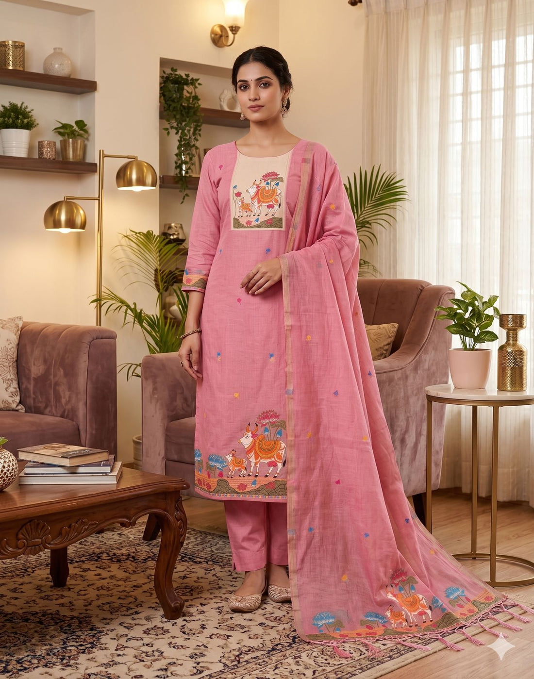 Pink Pure Muga Cotton Jamdani Pichwai Weaving Salwar Suit 