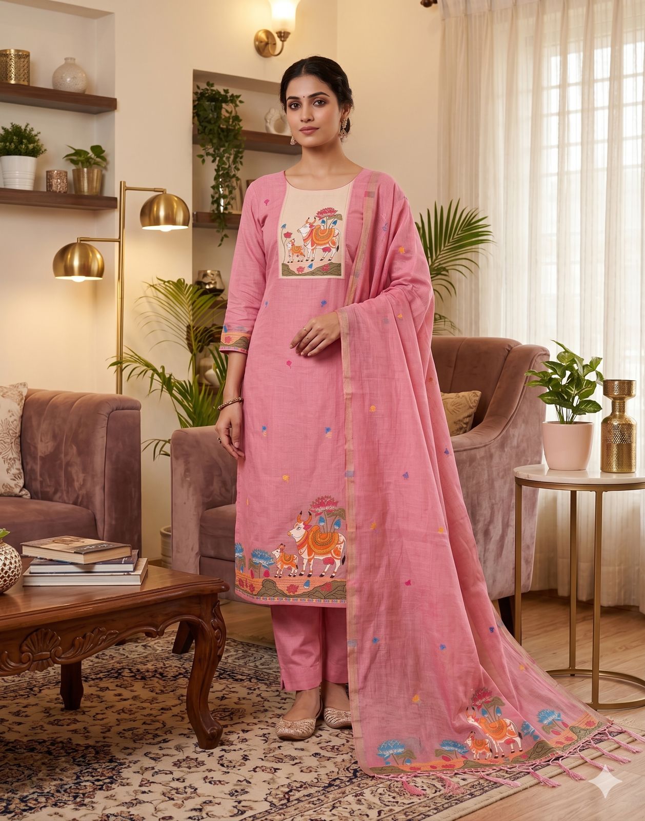 Pink Pure Muga Cotton Jamdani Pichwai Weaving Salwar Suit 