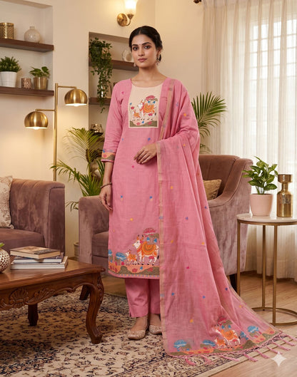 Pink Pure Muga Cotton Jamdani Pichwai Weaving Salwar Suit 