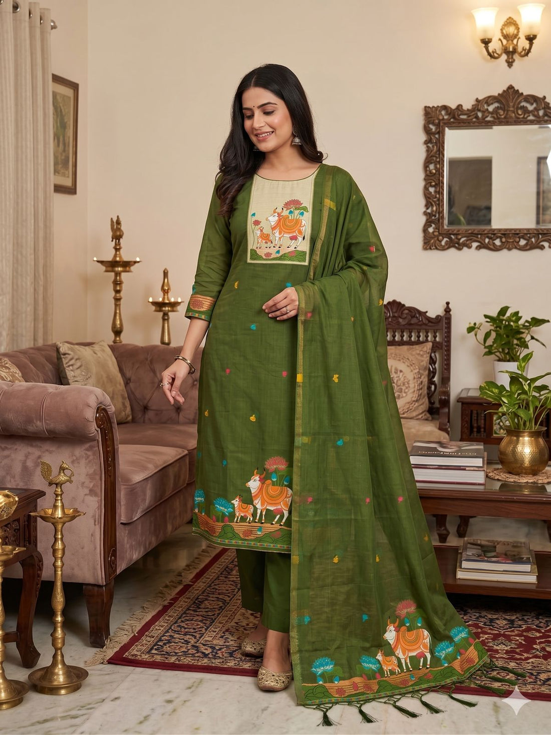Green Pure Muga Cotton Jamdani Pichwai Weaving Salwar Suit 