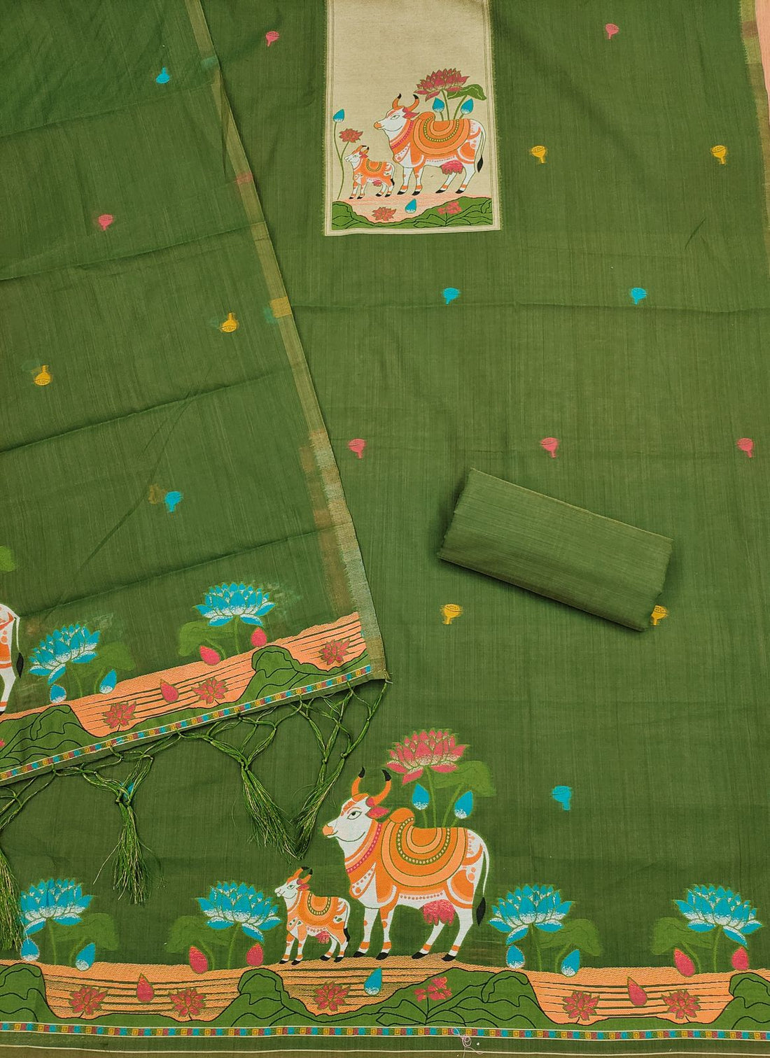 Green Pure Muga Cotton Jamdani Pichwai Weaving Salwar Suit 