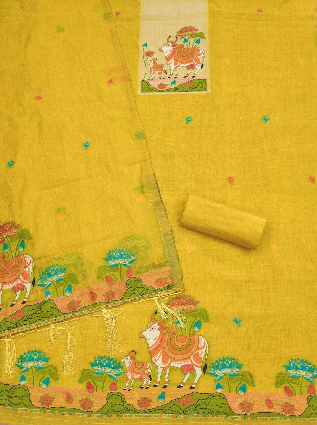 Yellow Pure Muga Cotton Jamdani Pichwai Weaving Salwar Suit 