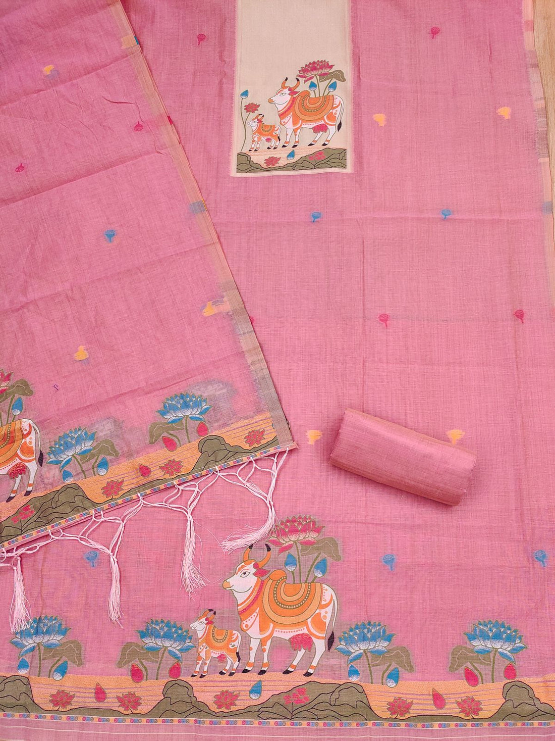 Pink Pure Muga Cotton Jamdani Pichwai Weaving Salwar Suit 