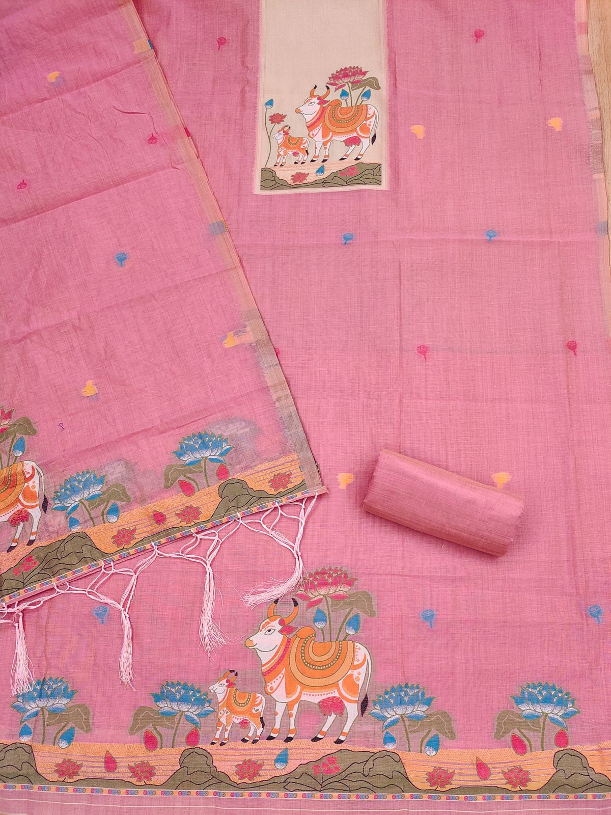 Pink Pure Muga Cotton Jamdani Pichwai Weaving Salwar Suit 