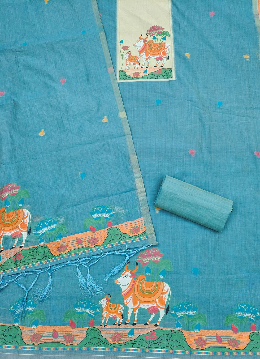 Sky Pure Muga Cotton Jamdani Pichwai Weaving Salwar Suit 