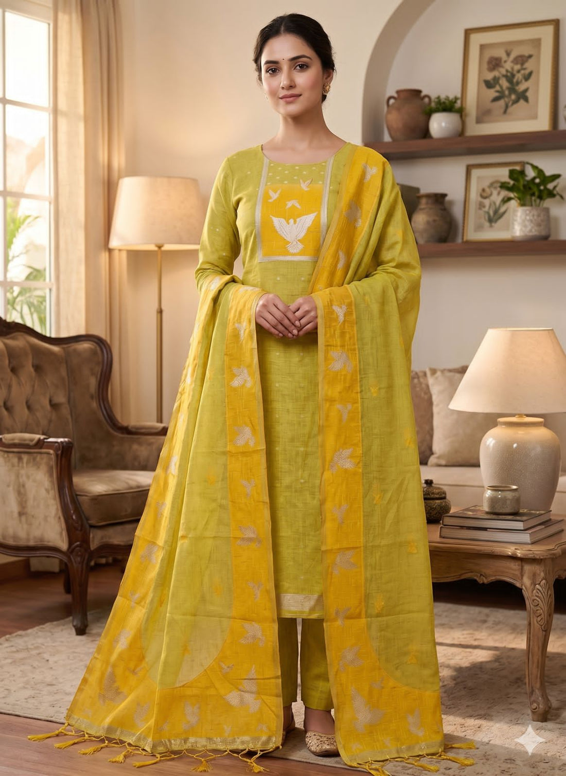 Yellow Pure Muga Cotton Jamdani Pichai Weaving Salwar Suit 