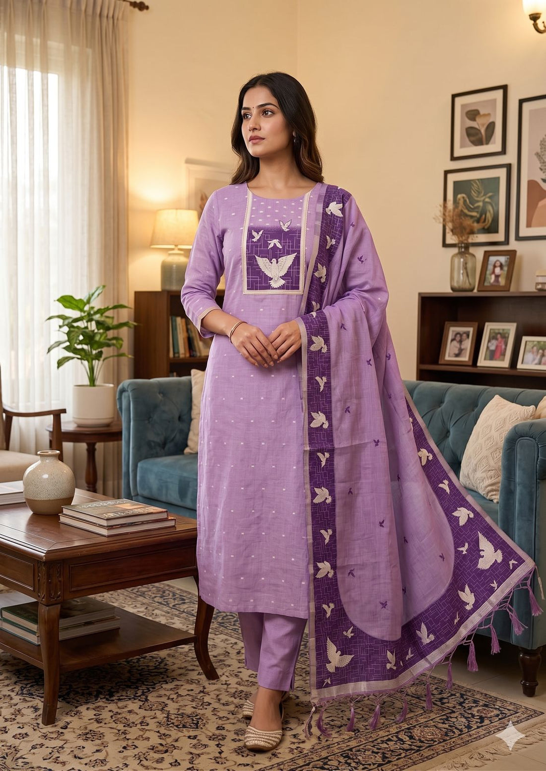 Lavender Pure Muga Cotton Jamdani Pichai Weaving Salwar Suit 