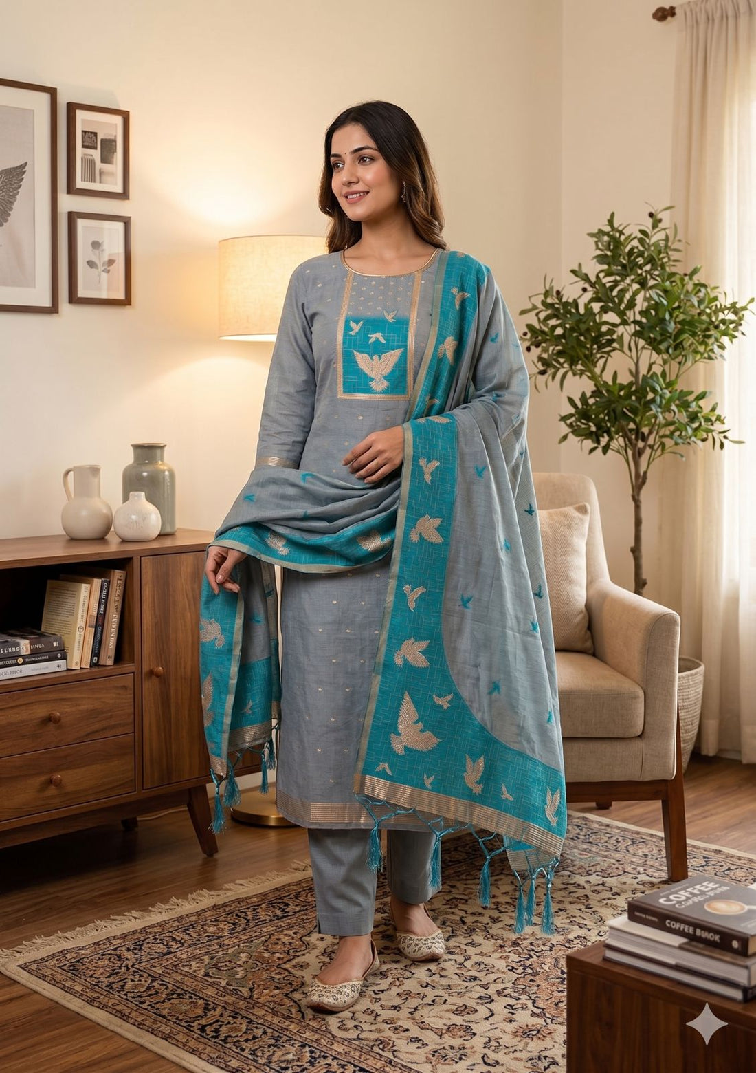 Grey Pure Muga Cotton Jamdani Pichai Weaving Salwar Suit 