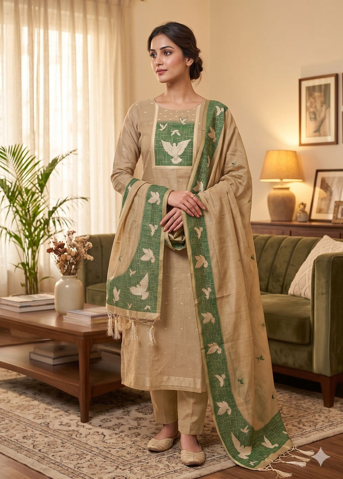 Beige Pure Muga Cotton Jamdani Pichai Weaving Salwar Suit 