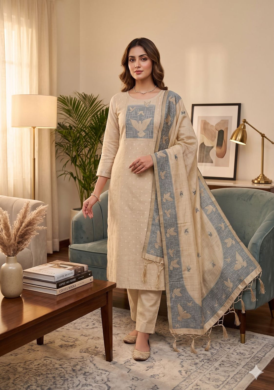 Chiku Pure Muga Cotton Jamdani Pichai Weaving Salwar Suit 