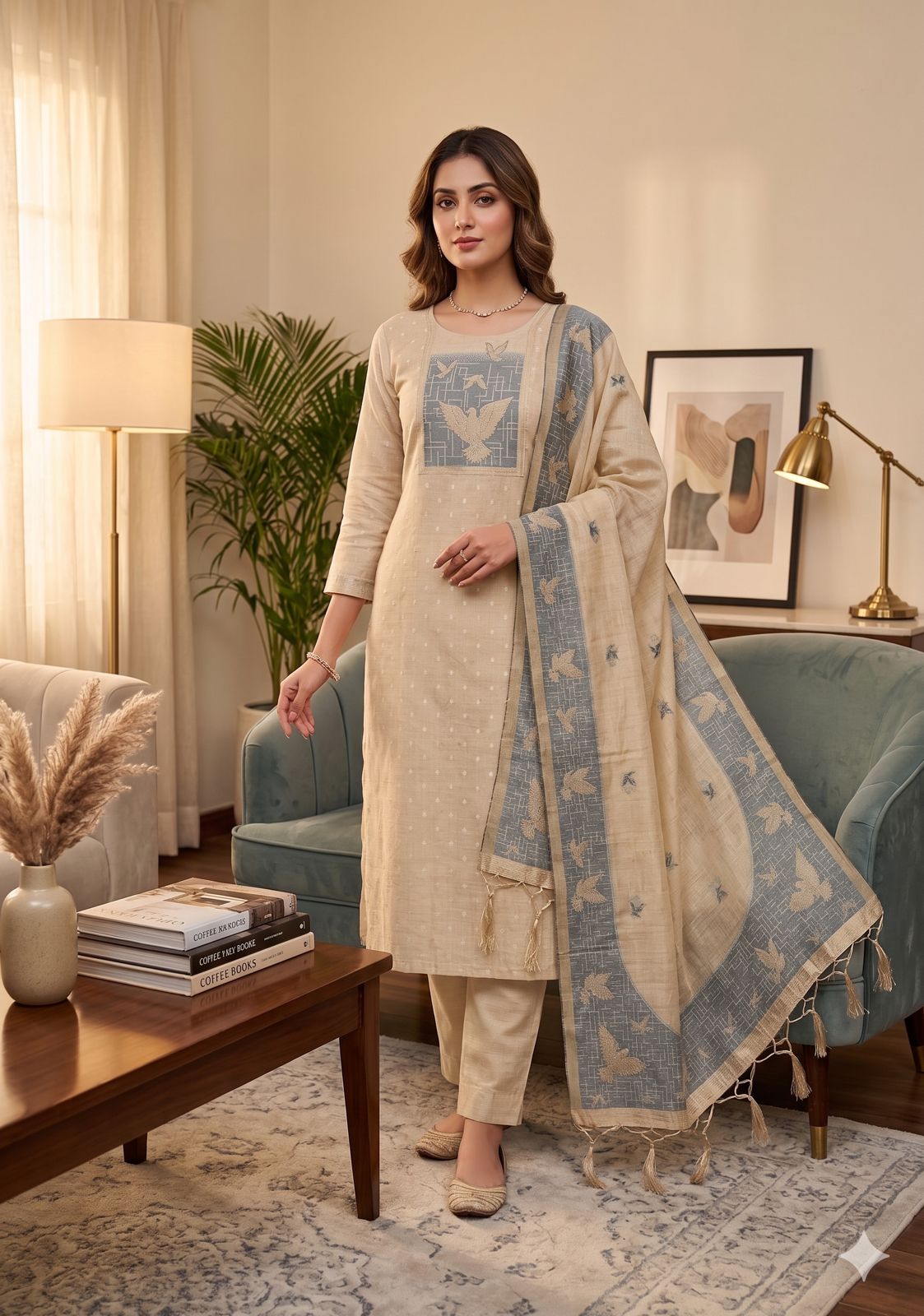 Chiku Pure Muga Cotton Jamdani Pichai Weaving Salwar Suit 