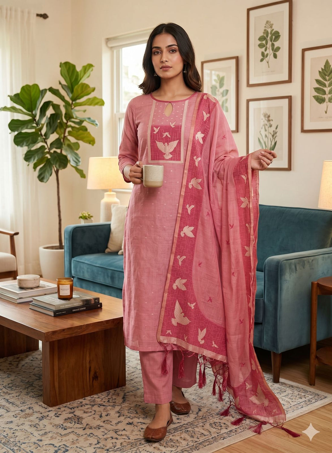 Pink Pure Muga Cotton Jamdani Pichai Weaving Salwar Suit 